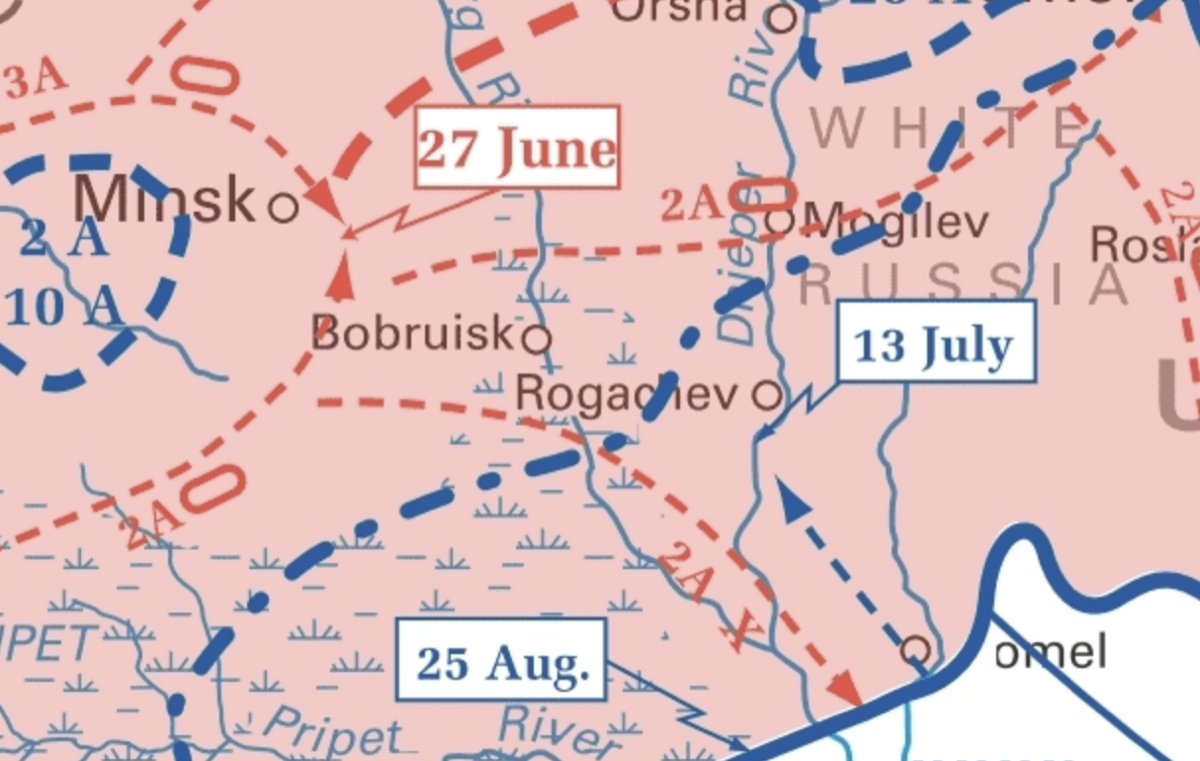 Detail of map depicting Operation Barbarossa in 1941. Minsk was occupied by 27 June, Babruysk by 13 July, and Rogachev and Gomel by 25 August