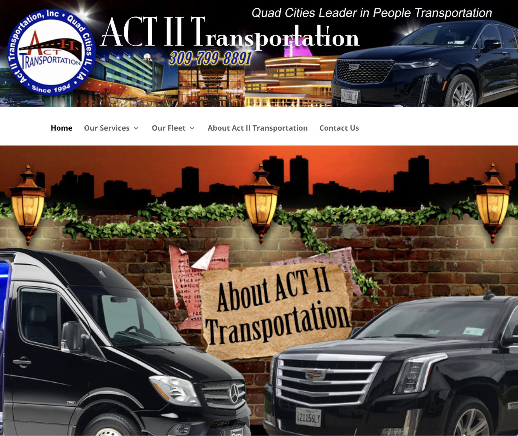 Act II Transportation's website, showing glamorous pictures of black vans and SUVs, city skylines, and some really artsy rust belt wall with a torn poster on it reading "About Act II Transportation"
